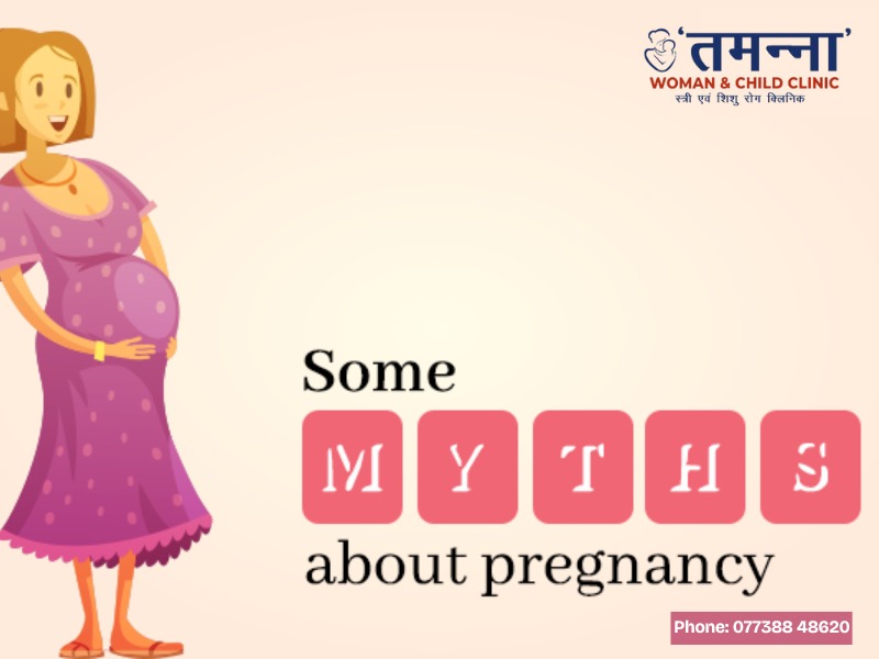 An illustration from Tamanna Woman & Child Clinic addressing common myths about pregnancy, featuring a pregnant woman in a purple dress and bold text emphasizing the word "MYTHS."