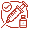 A red icon showing a syringe, a vial, and a checkmark within a circular arrow, representing vaccination or immunization.