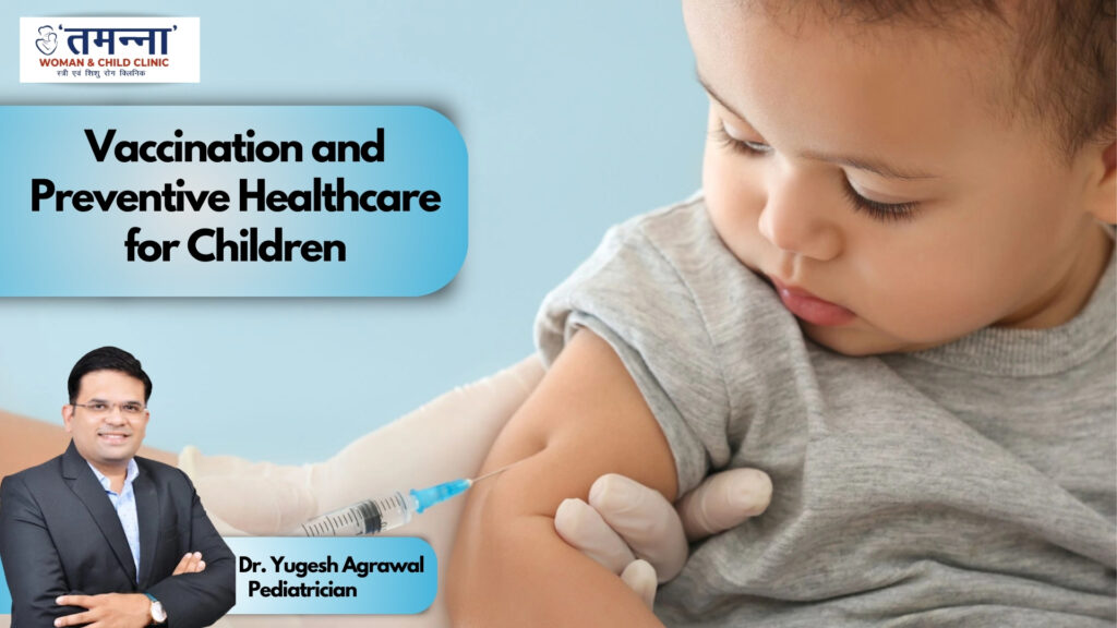 Child receiving vaccination from a healthcare professional, highlighting preventive healthcare for children, with Dr. Yugesh Agrawal, Pediatrician.