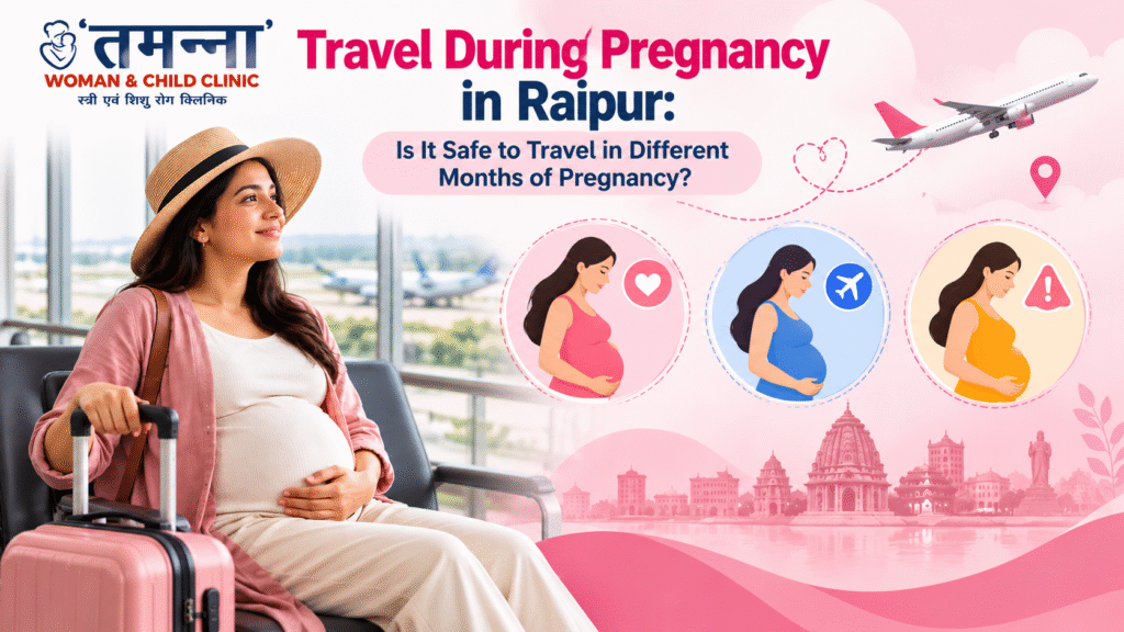 Travel during pregnancy in Raipur infographic by Tamanna Woman & Child Clinic, explaining pregnancy travel safety during different trimesters.